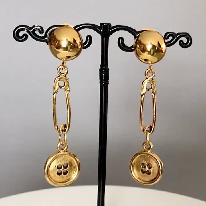 Vintage MOSCHINO Button Safety Pin Novelty Dangling Earrings