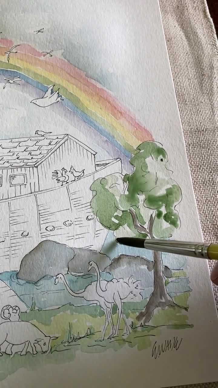 Debbie Kingston Baker Noah's Ark 水彩　絵画 Debbie Kingston Baker Noah's Ark Signed Large White Frame