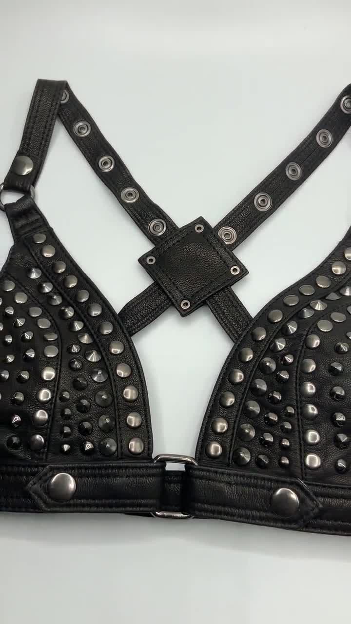Sexy Full Stud Leather Bra with Suede Lining