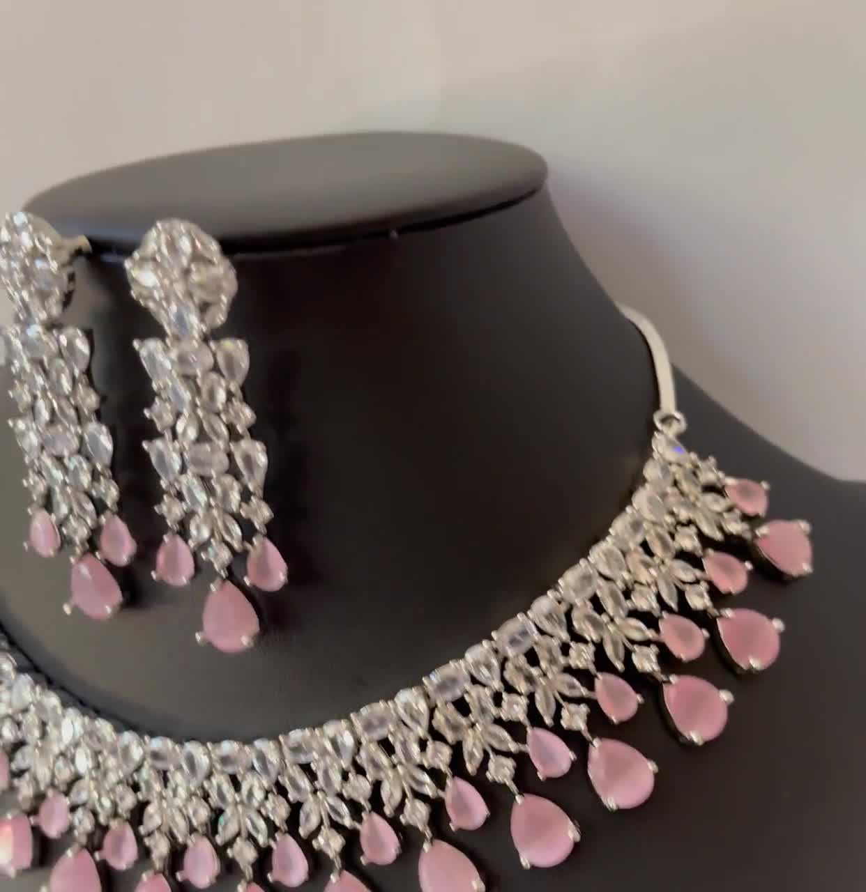 Pink Silver American Diamond Necklace/diamond/cz Stones