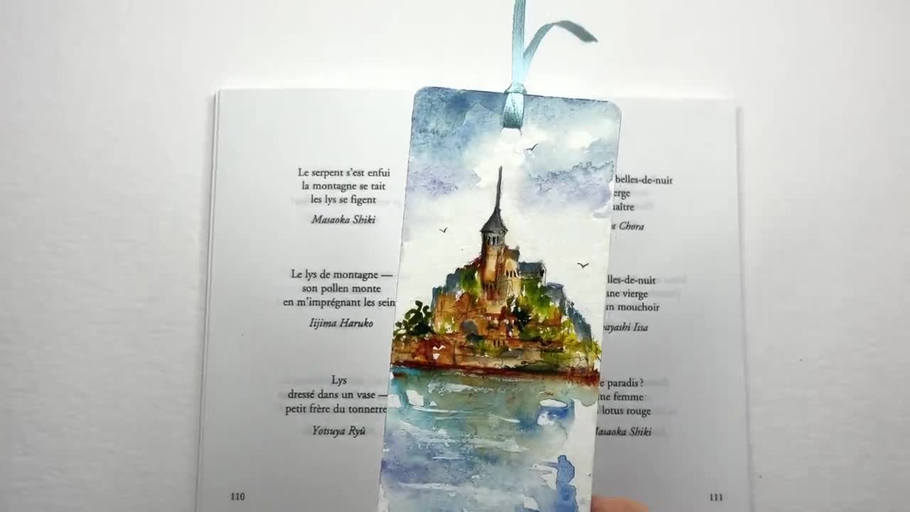 Mont Saint Michel bookmark, original watercolor miniature, painting of Mont  Saint Michel, Normandy landscape, Abbey, bay and salt meadows