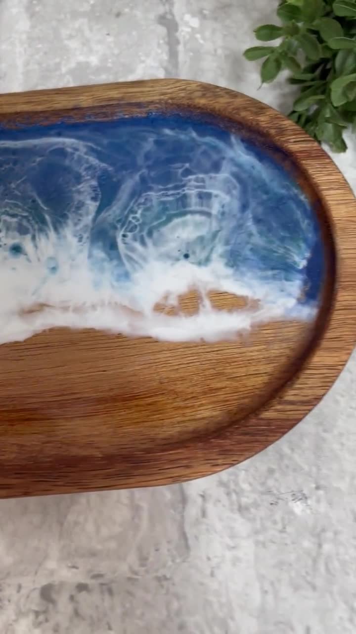 40cm acacia wooden tray with ocean wave style epoxy resin art