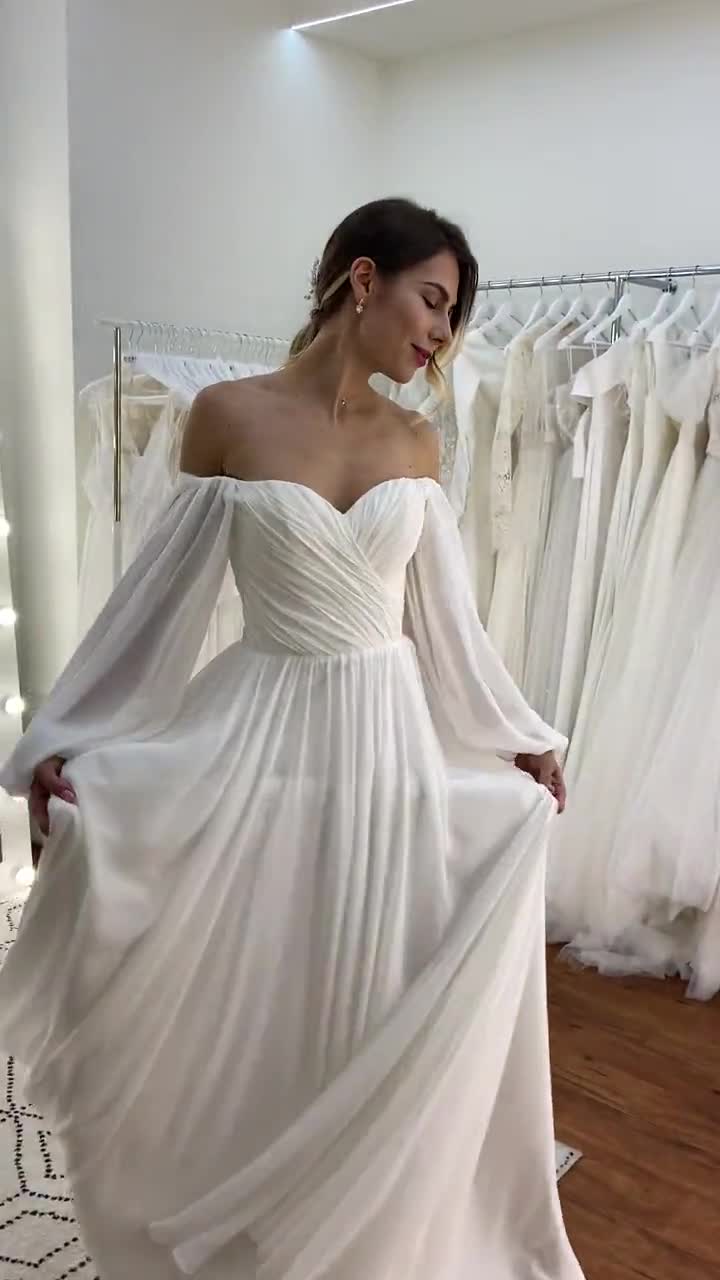 Off-Shoulder 1/2 Sleeves Satin Lace A-Line Wedding Dress With Pockets  DTW343 – DressTok.co.uk