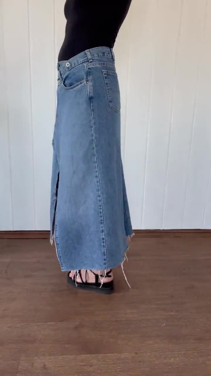 Assymetric Wrap Maxi Denim Skirt With Front Slit, Long Assymetric Wrap Maxi Denim Skirt With Front Slit, Long