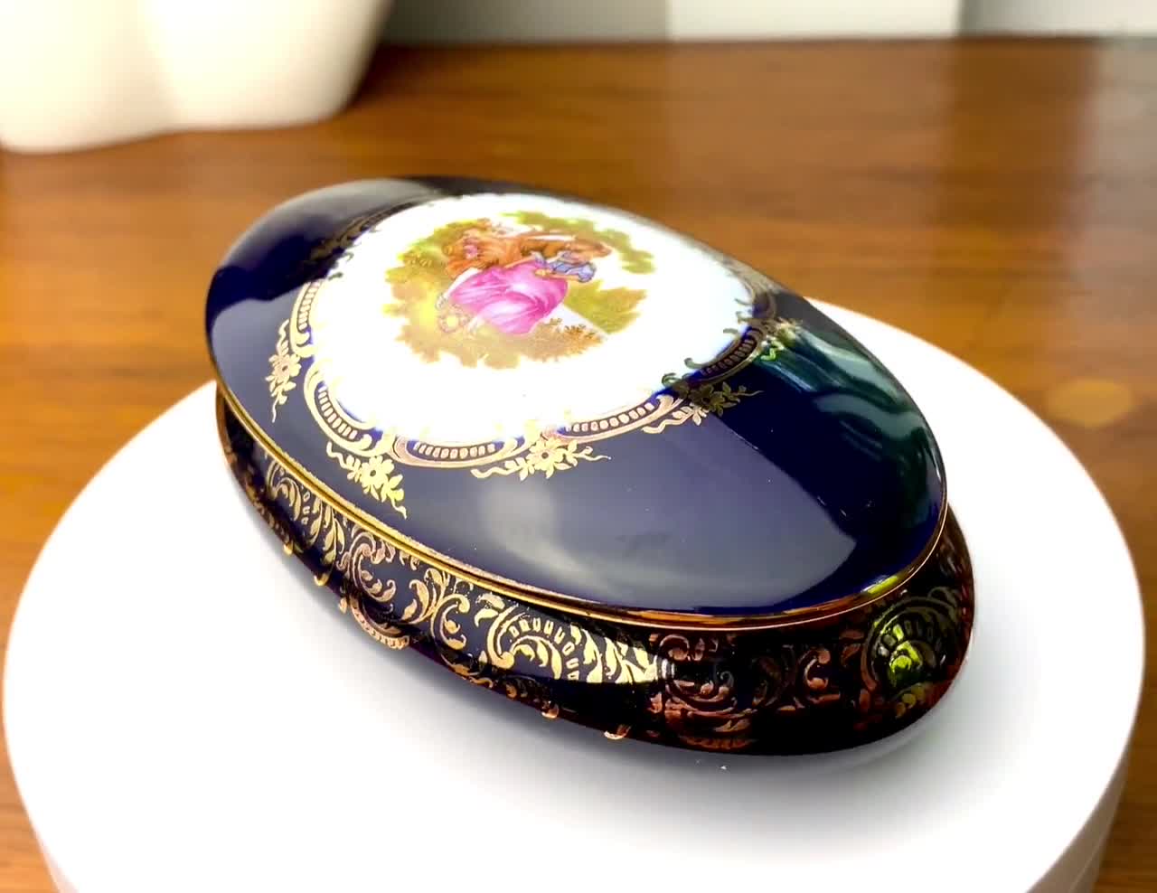 Limoges Castel France Lidded porcelain box combat blue & 22k gold  paintVictorian courting couple