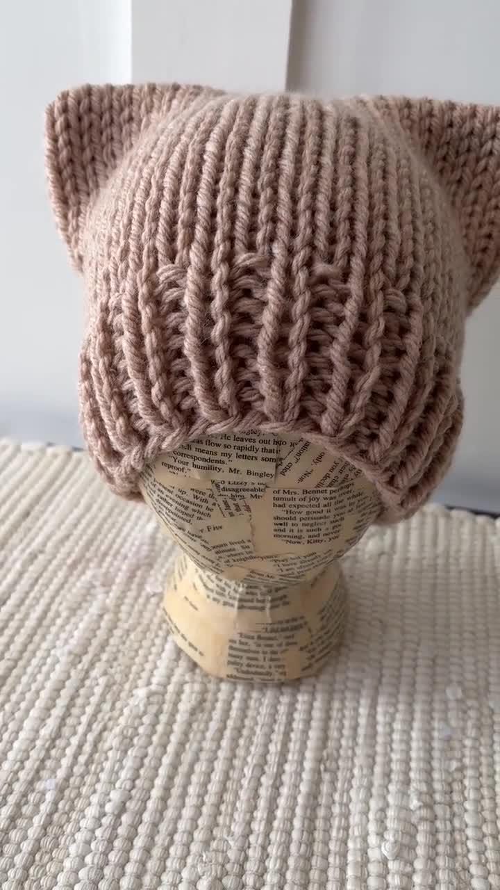 Cat Ear Beanie Hat - Beige - Hand Knit - Soft Wool Yarn - Etsy