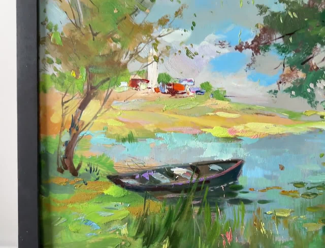 油彩風景画、川辺、緑の森、オリジナル絵画、夏の風景、自然愛好家、雲