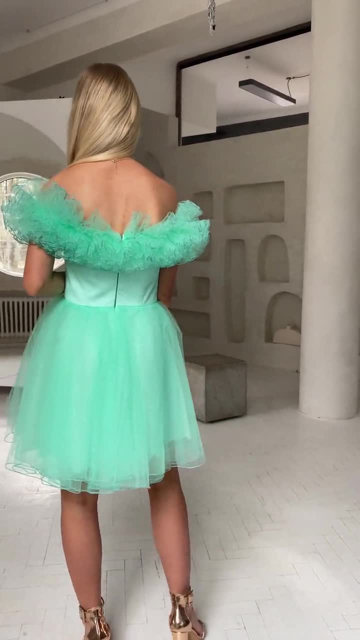 Light Mint Tulle Dress, Ruffled Off-Shoulder Dress, Prom Mint Dress, Girls  Dress, Wedding Dress, Women's Corset Dress, Mini Birthday Dress