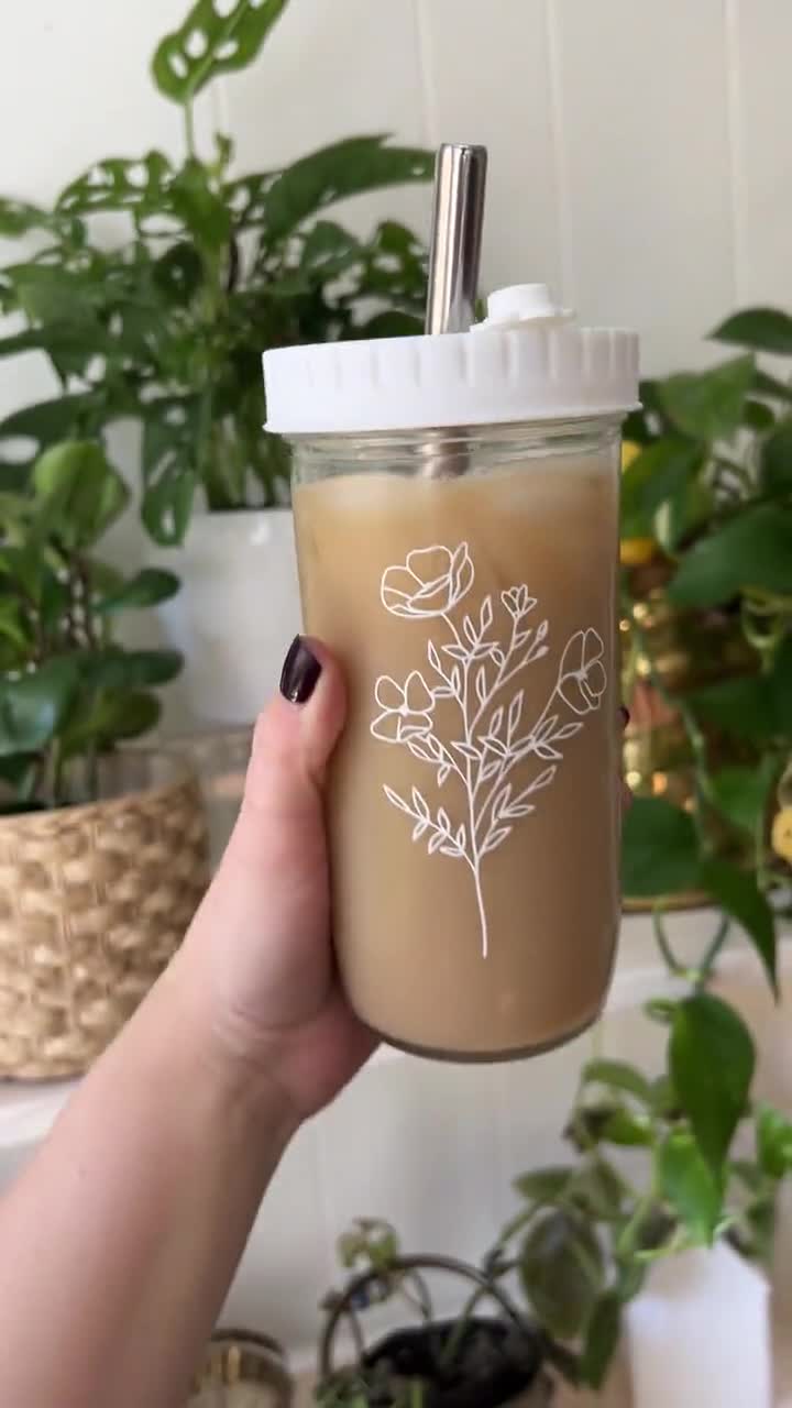 Sunflower Mason Jar Coffee Cup 16 Oz Glass Coffee Cup Iced Coffee Glass  Smoothie Cup Boba Cup Set 