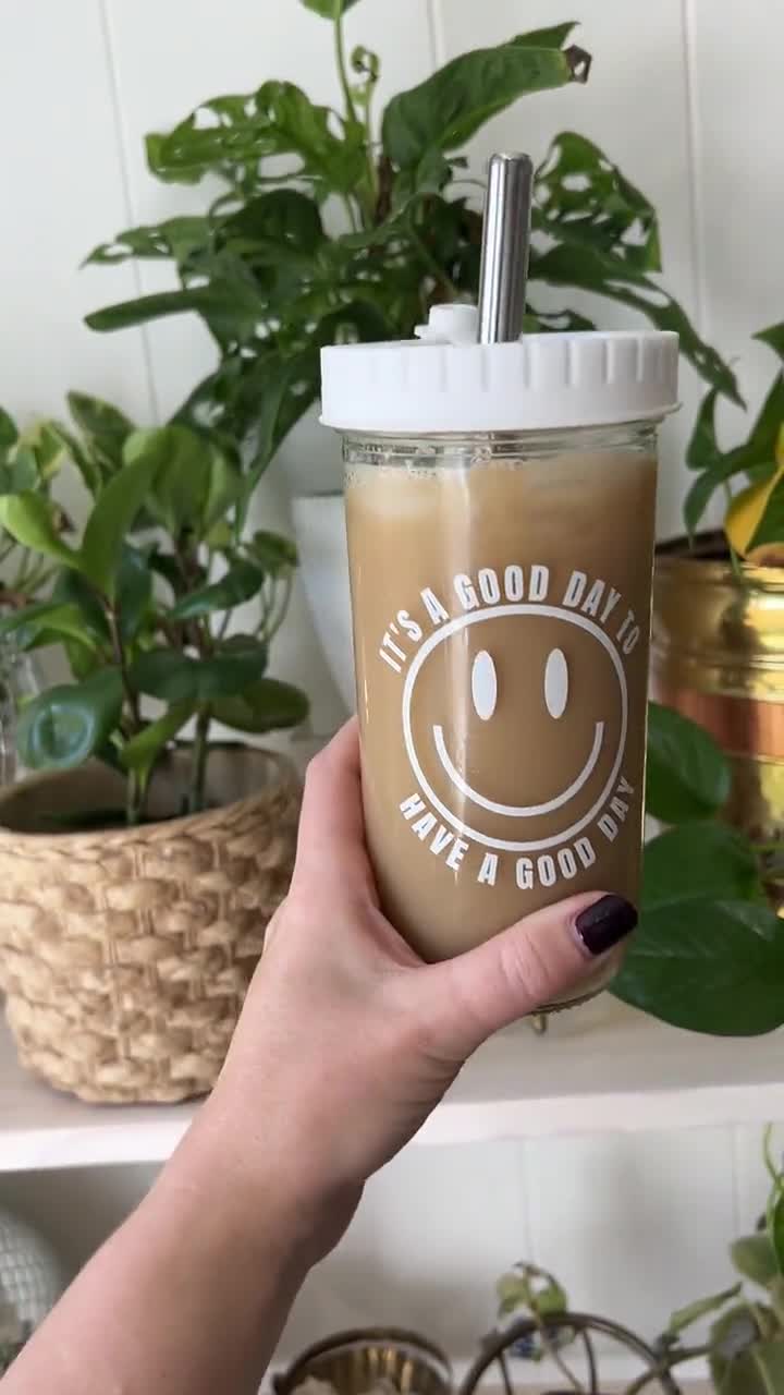Good Day Happy Face Mason Jar Iced Coffee Cup Glass Coffee Cup Iced Coffee  Glass Smoothie Cup Boba Cup Set Bubble Tea Cup -  Israel