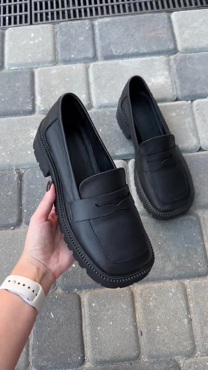 Square Toe Penny Loafers for Women, Genuine Leather Slip-on Flats