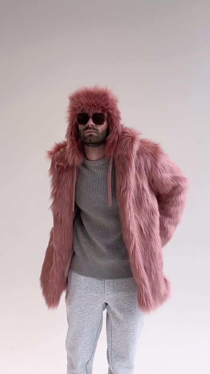 Men's Pink Faux Fur Jacket / Pimp Furry Coat, Festival Faux Men's Pink Faux Fur Jacket / Pimp Furry Coat, Festival Faux