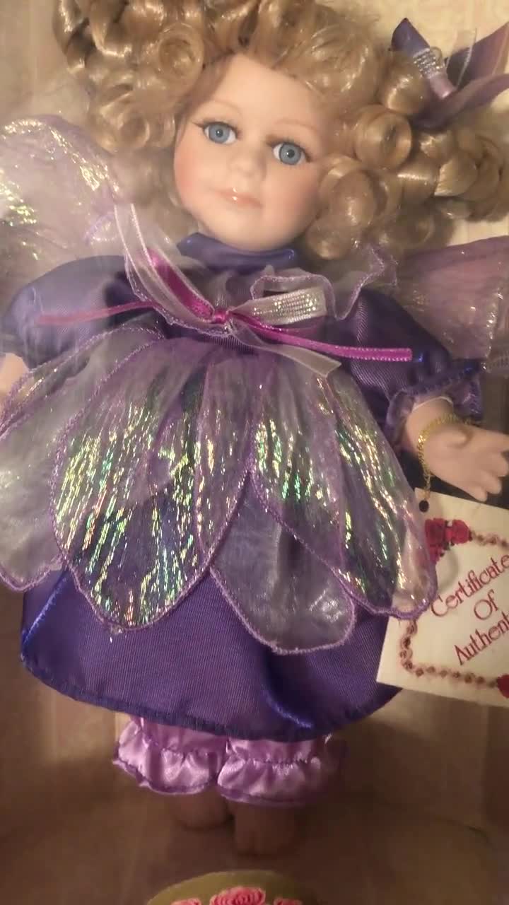 Vintage Collector's Choice Fine Bisque Porcelain Doll in a Purple &  Lavender Fairy Dress. In Original Box with Certificate. 10.5