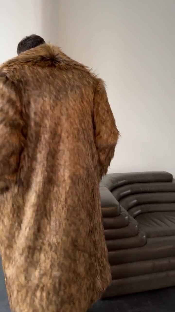 Mens Long Faux Fur Coat With Shawl Collar, Classic Men Brown