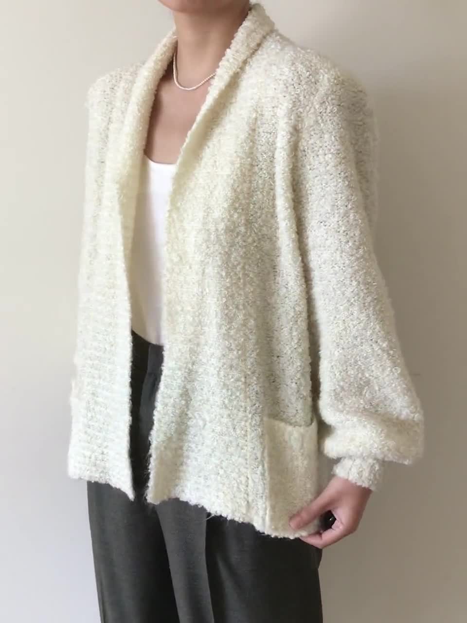 Vintage Sweater Vintage Cardigan White Sweater Jacket Duster Bell Sleeves Textured  Sweater Knitted Minimalist Capsule Wardrobe Size S/M 