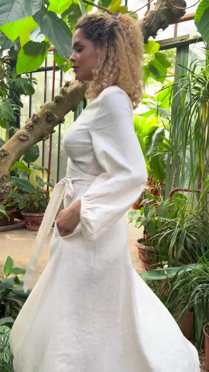 Handmade Cream Linen Maxi Dress: Bell Sleeves, Pockets, Bohemian Style