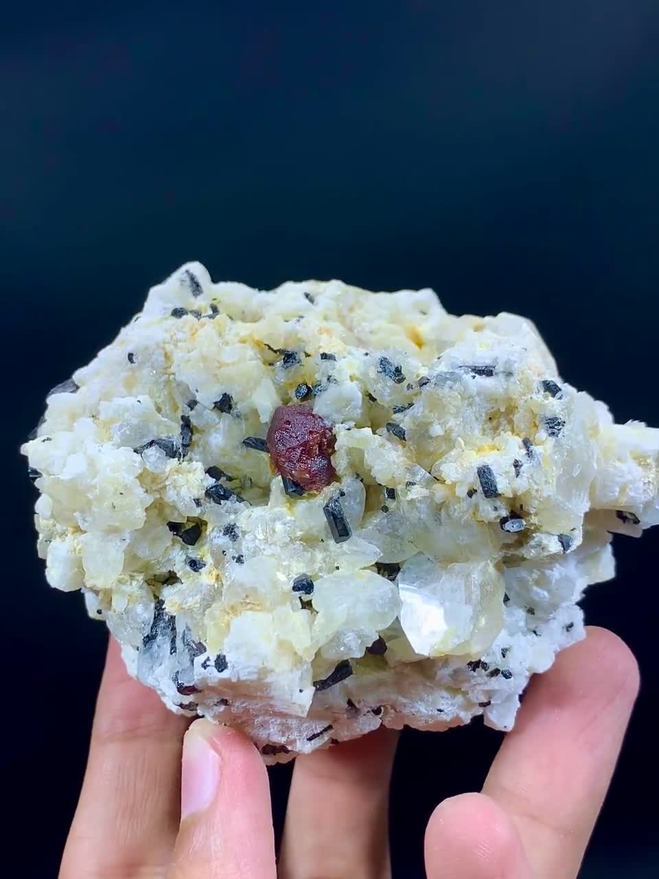 ブラックトルマリン上のガーネット 外国産鉱物標本 結晶 原石 柘榴石 天然石 長石の上に黒トルマリンとクォーツを散りばめた赤いガーネットの結晶 - パキスタン