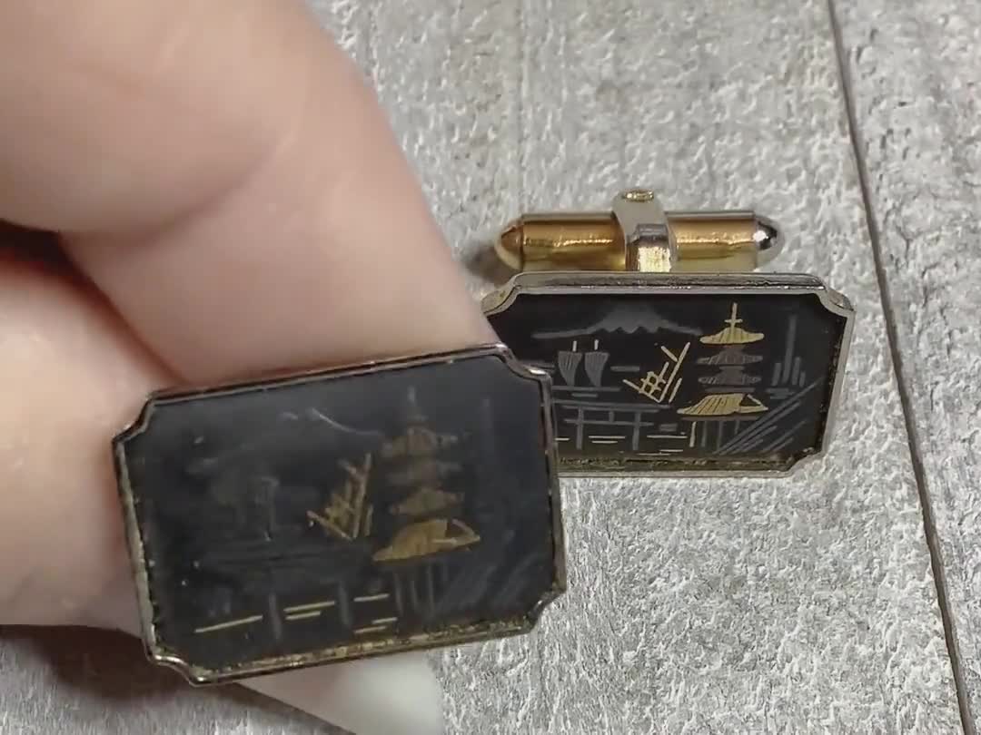 Amita Japanese Vintage Damascene Cufflinks, Mid Century Rectangle