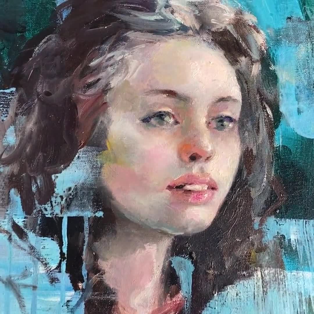 GIRL PORTRAIT in BLUE Tones Original Oil authentic Painting on 24x18 Canvas by Dima K Youn