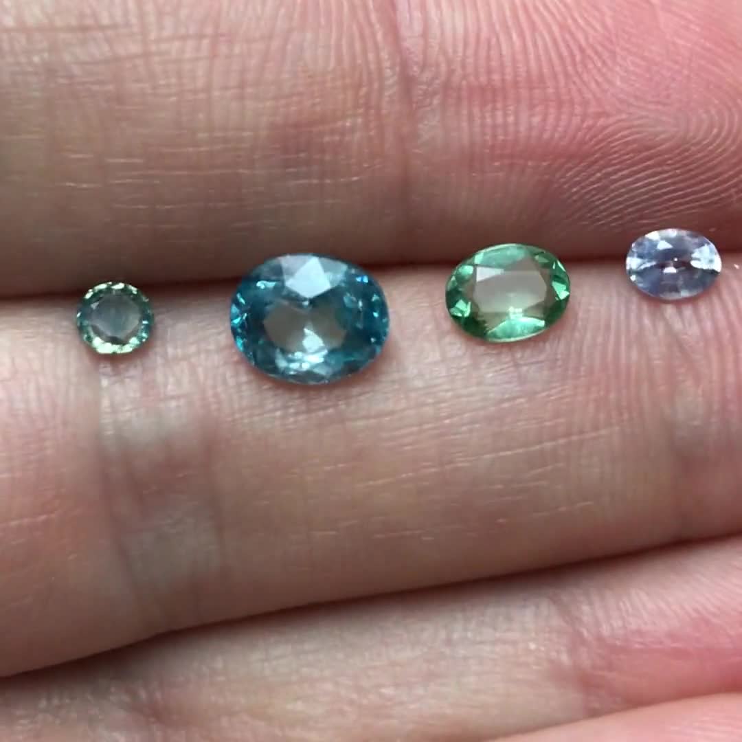 4 Blue Green Gemstones, 1.57 ct Blue Zircon, Green Apatite, Heated Light  Blue Sapphire and Blue Green Sapphire, Ocean Asorment of Gems