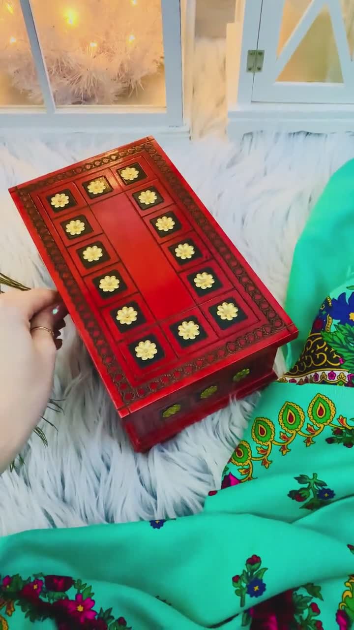 Wooden Box for Jewelry and Trinkets, Red Wooden Casket With Key, Decorated  With Golden Metal Flowers 