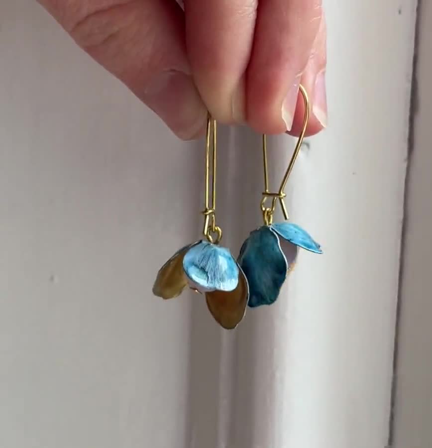 Bluebell Earrings Vintage Brass Blue Cornflower Gold Flower Bud,  BLUEBELL EARRINGS