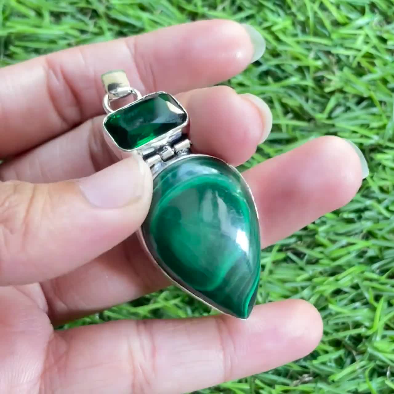 Malachite & Emerald Color Stone 925 Sterling Silver Pendant