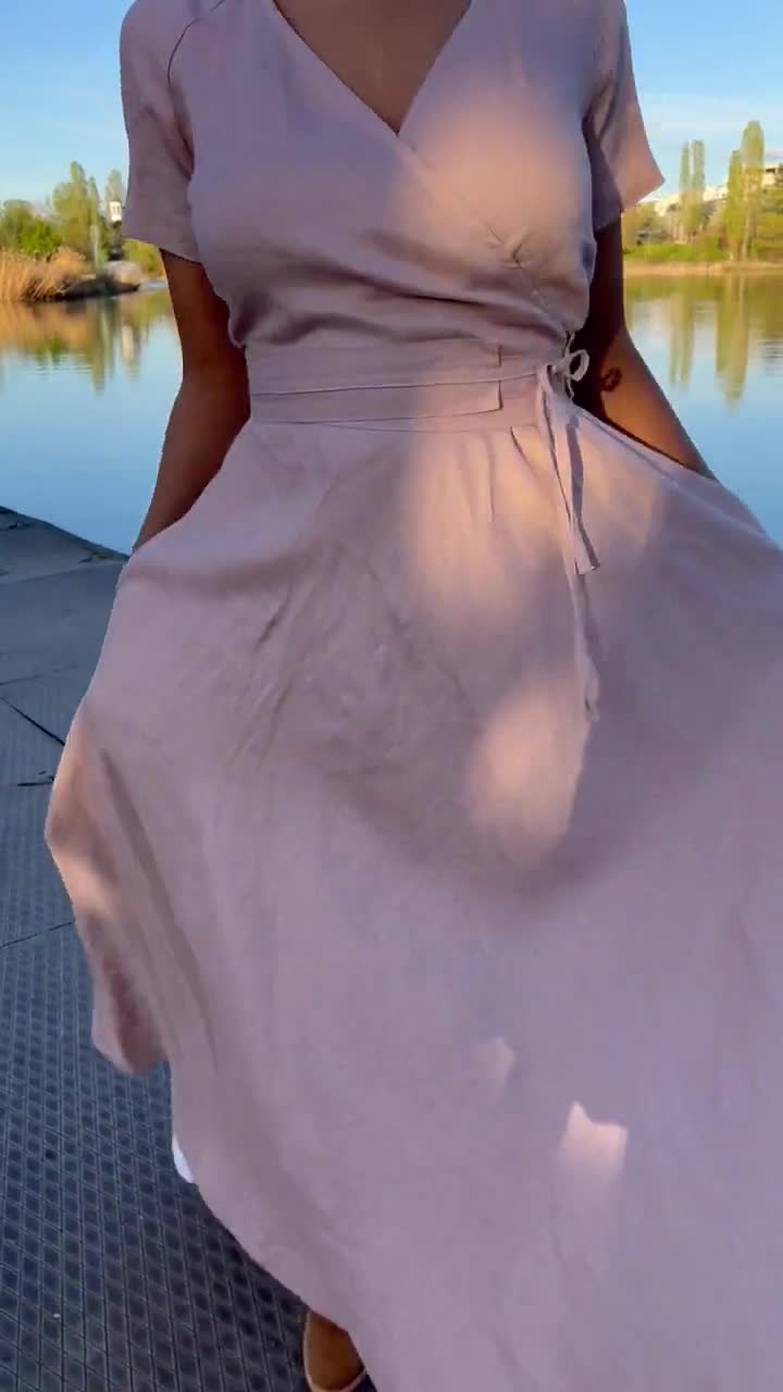 Blush Pink Linen Maxi Dress, Short Sleeve, Pockets, Faux Wrap Style