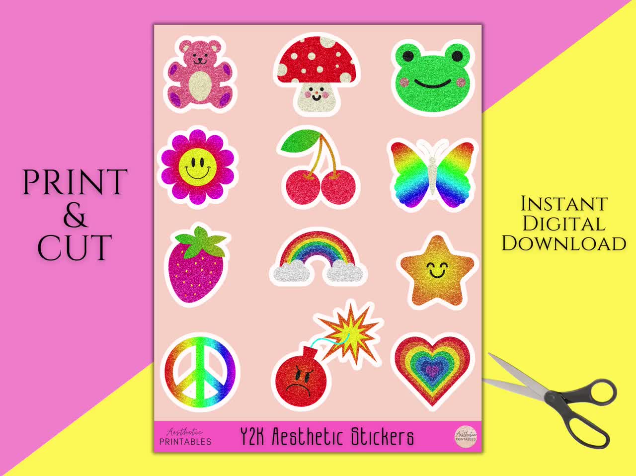 Y2K Aesthetic Stickers, Printable Sticker Sheet, Sticker Sheet for