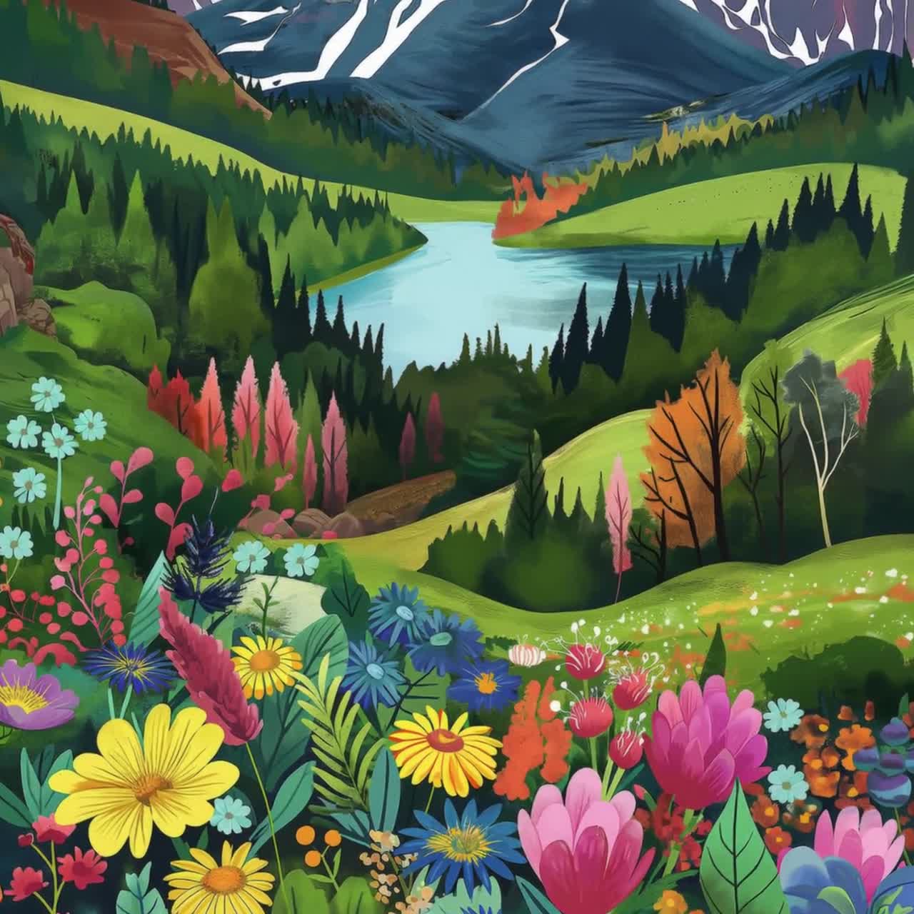 Colorful Flower Garden Illustration Wall Art | Vibrant