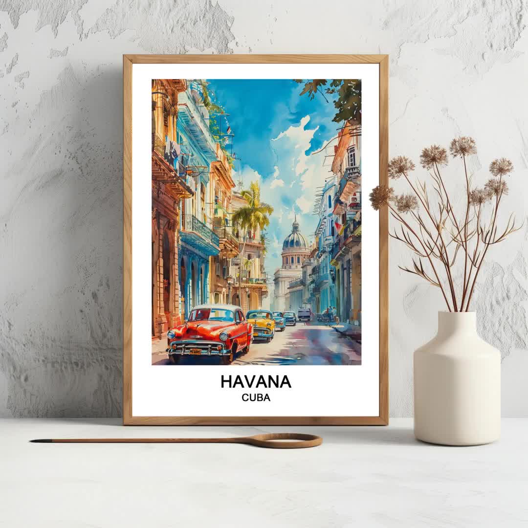 ハバナ キューバ 水彩画：カリブ海旅行ポスター（デジタルダウンロード