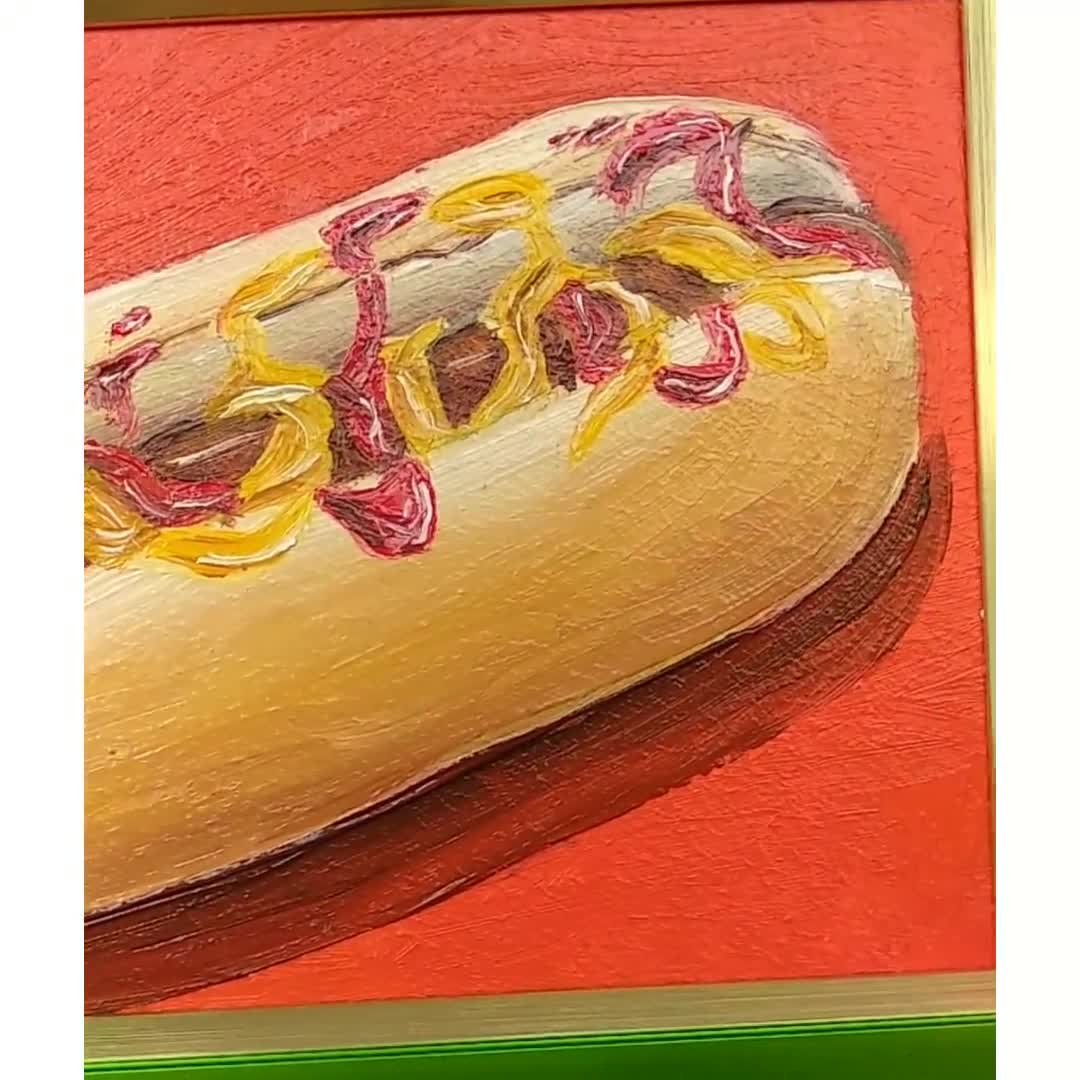 Hot dog painting Mini oil painting 4x6 painting Food painting