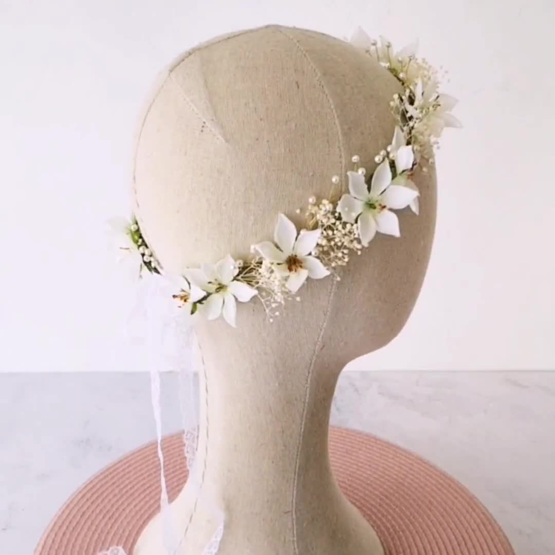 DavlyaWeddings White Flower Crown Wedding Bridal Floral Crown Bridesmaids Flower Headband for Adult Maternity Shoot Boho Flower Crown Summer Flower Crown