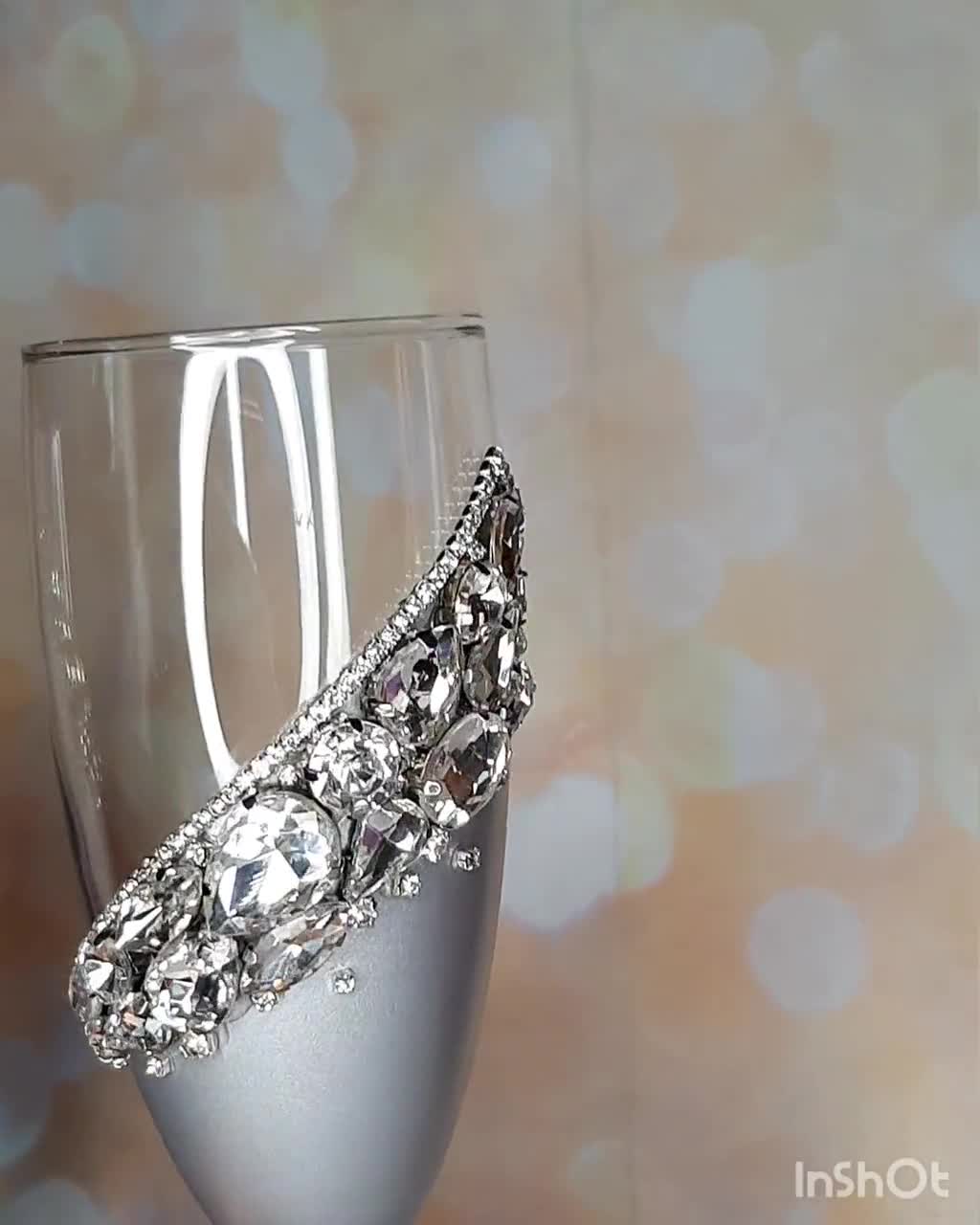 Personalized Wedding Swarovski Crystals Strass Champagne Wine Glasses  Flutes Tall Clear Big Jewel Stones Ceremony Cocktail Classic Nice Gift -   Singapore