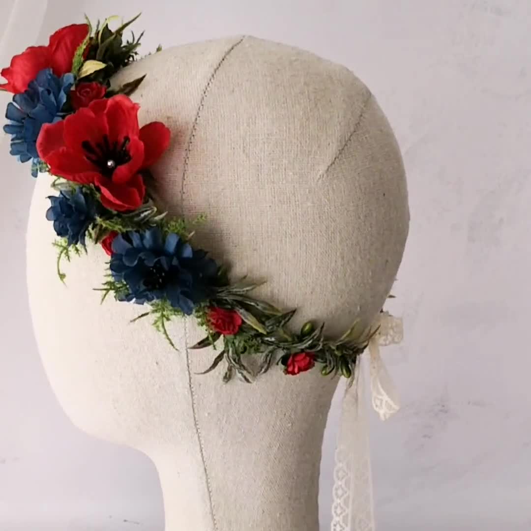 赤いポピーの花冠：ヤグルマギクの花輪、野花の輪 - Etsy 日本