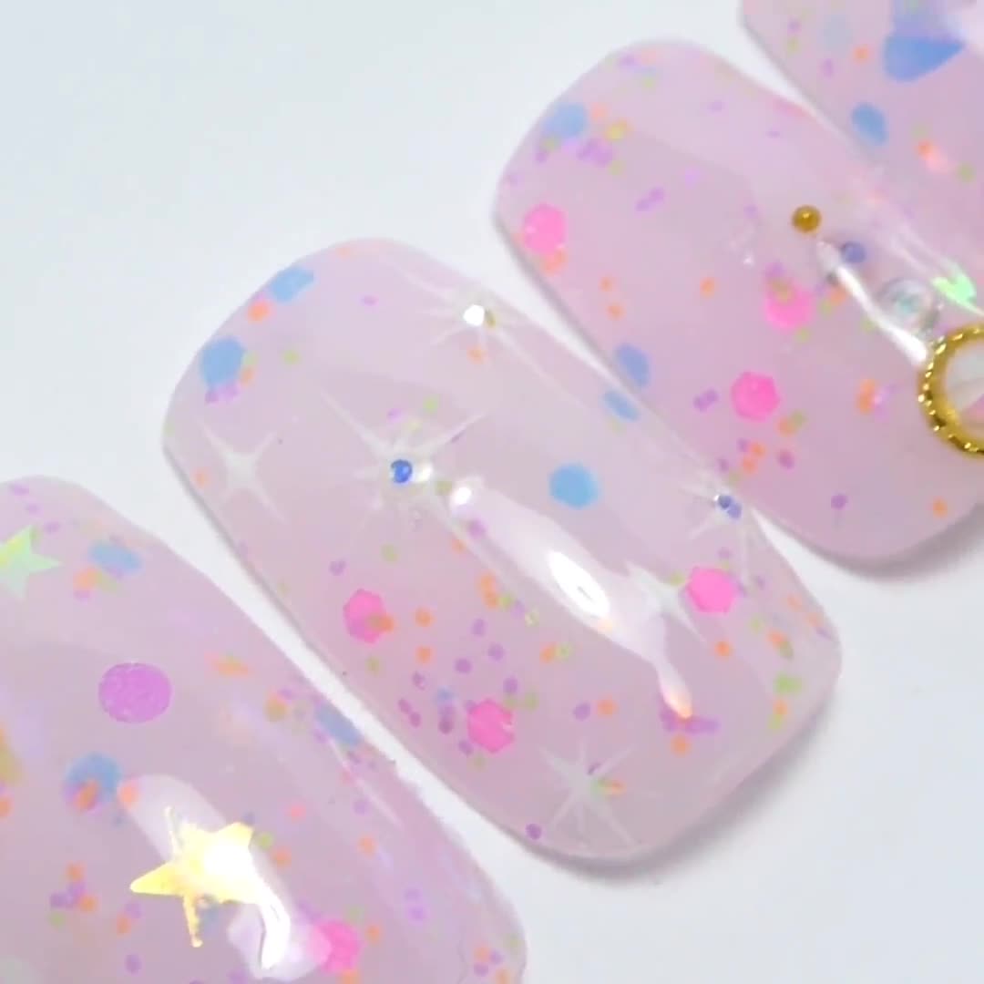 Uñas de confeti ／ Reutilizable, pastel, para planchar, regalo, holográfico,  kawaii, anime, lavanda, festival, rave de luz negra, fiesta de baile,  cuadrado, divertido