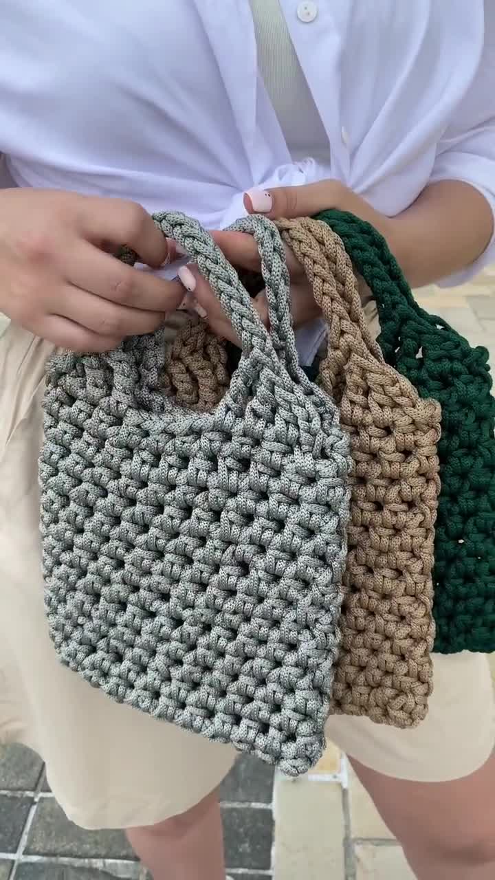 ショルダーバッグ・ポシェット TYPESERVICE Handmade Fringe Knitted Mini Bag Gray Mini Tote Bag, Crochet Tote Bag, Gray Trendy Handbag
