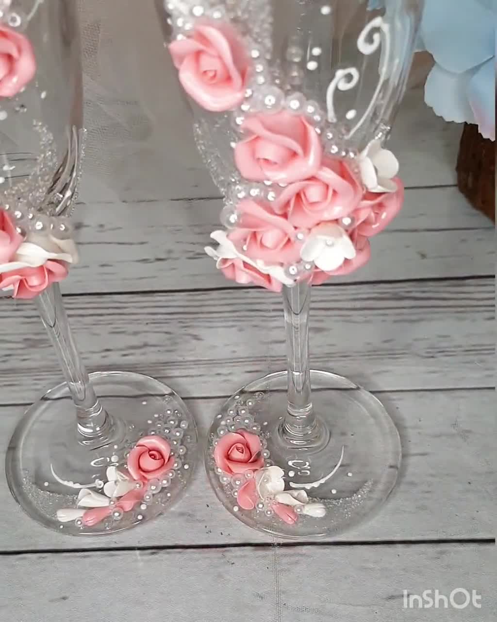 Paire De Flûtes à Champagne En Verre, Motif Rose, Mariage/anniversaire