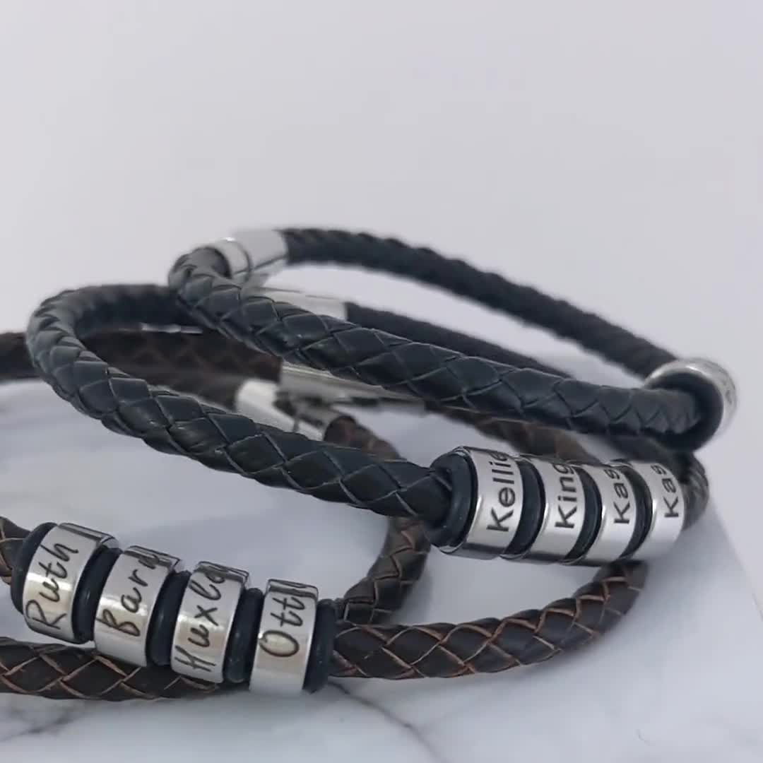AKEL DOAP Leather Braid Bracelet for Men Initial Customized,Mens Leather  Bracelet Engraved Personalized Black Leather Double Wrap Initial Bracelets