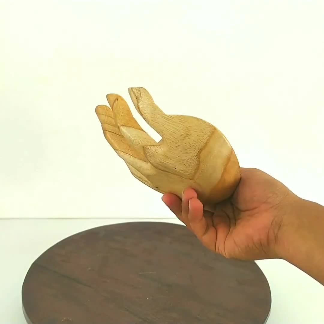 Signed Handcarved Wood Hand Sculpture from Bali - Praise and Gratitude