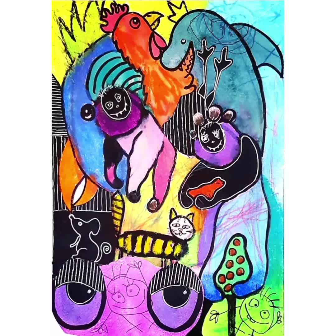 オリジナルアール・ブリュット絵画：抽象的な生き物、奇妙なアート（A4