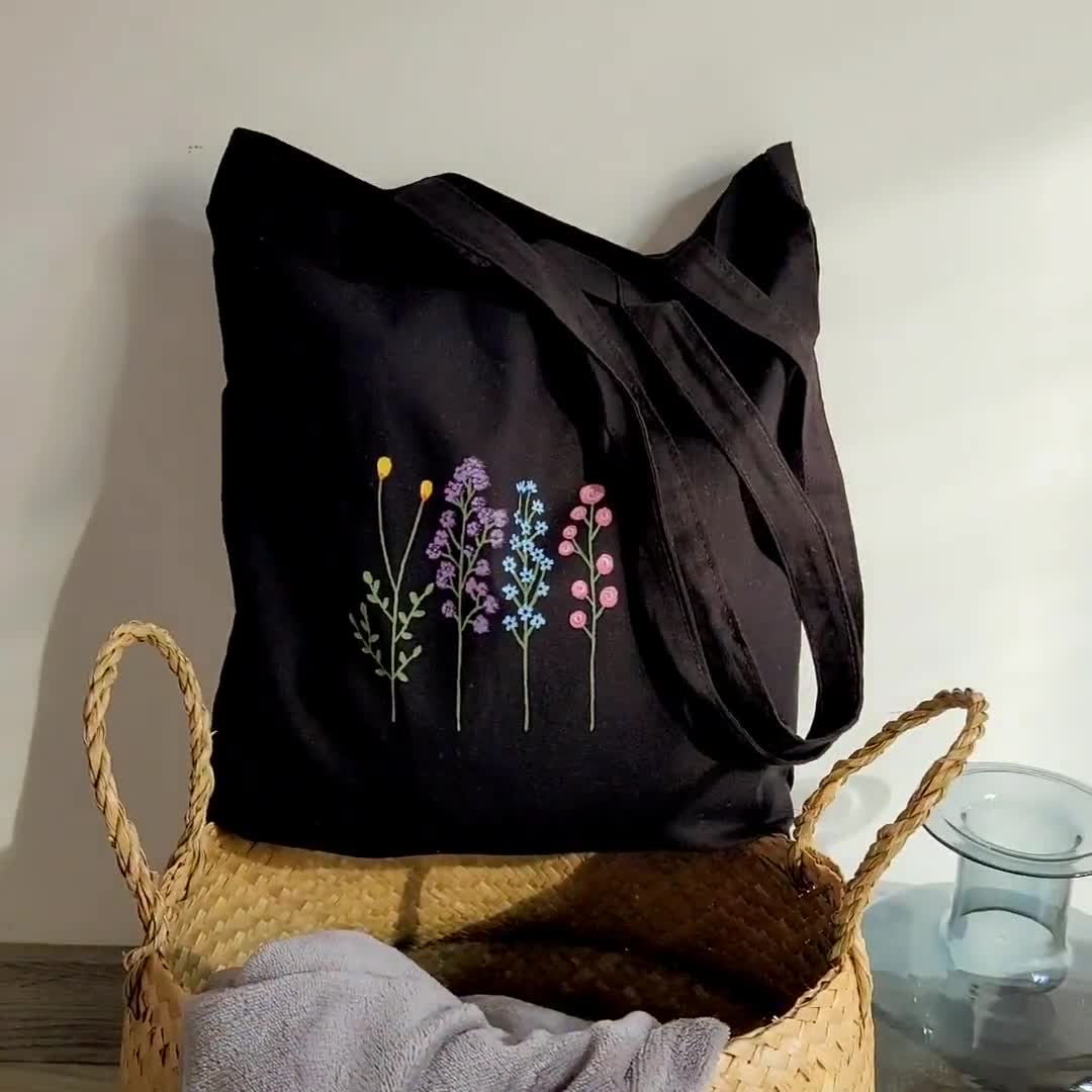 Bolsa de tela negra, bolsa de tela de flores, bolsa para compras, tote bag  aesthetic, tote bag original decorada, bolsa algodon con flores -   México