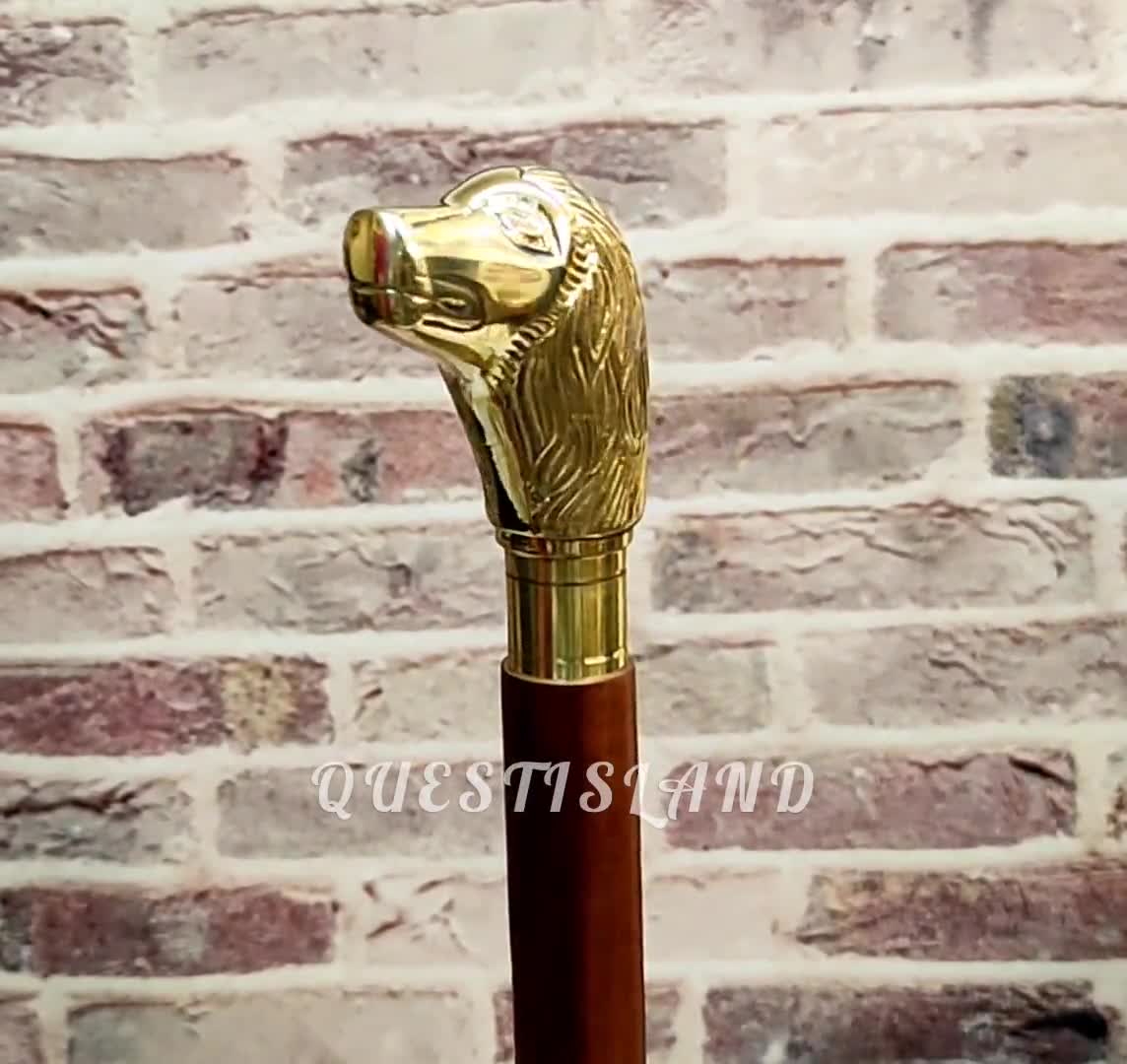 Walking Stick Lion Handle Brass Wooden Victorian Foldable Cane Collectible  Mens Gift, Husband Gift, Anniversary Gift, Halloween 