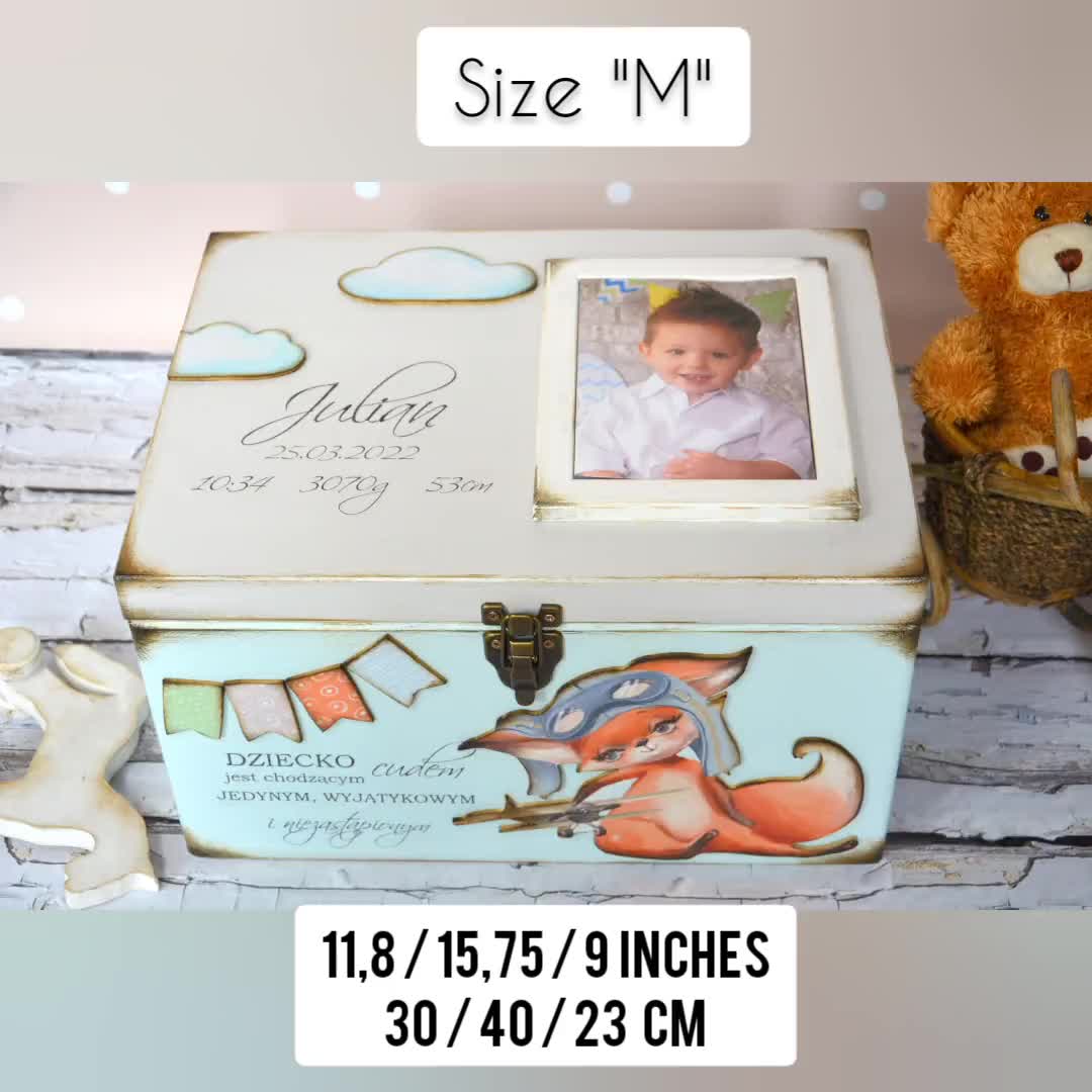  Solfres Caja de madera para recuerdos del bebé con marco de  fotos y pizarra, biblioteca de recuerdos del primer año del bebé, caja de  memoria personalizada para bebé, caja organizadora grande