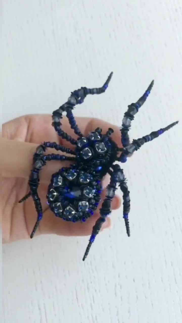 Blue Crystal Spider brooch Halloween gift Embroidered pin Bug jewelry  Beaded ins