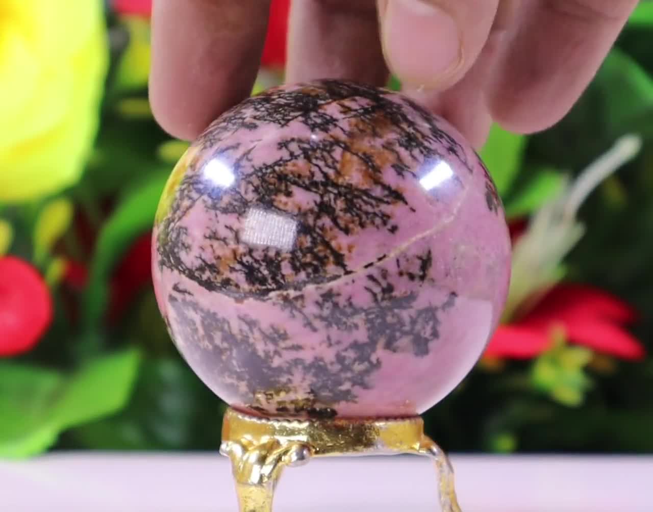 73 mm store Rhodonite Sphere on Metal Stand