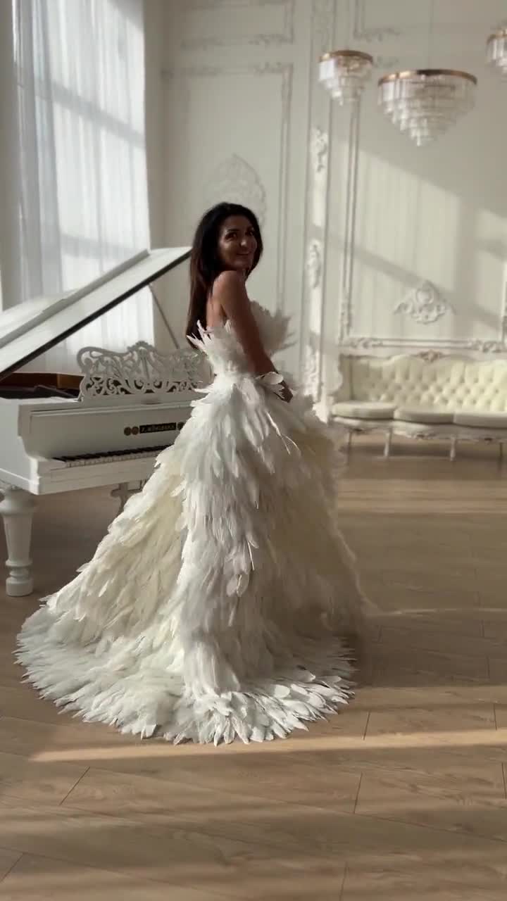 White Feather Wedding Gown Maxi Wedding Dress Swan Dress