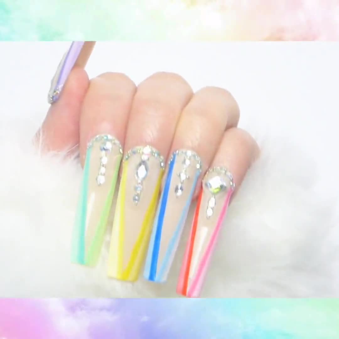 Kawaii Pastel Rainbow French Tip Junk Press on Nails With Charms and Pearls  Valentines Day 2024 Gift 