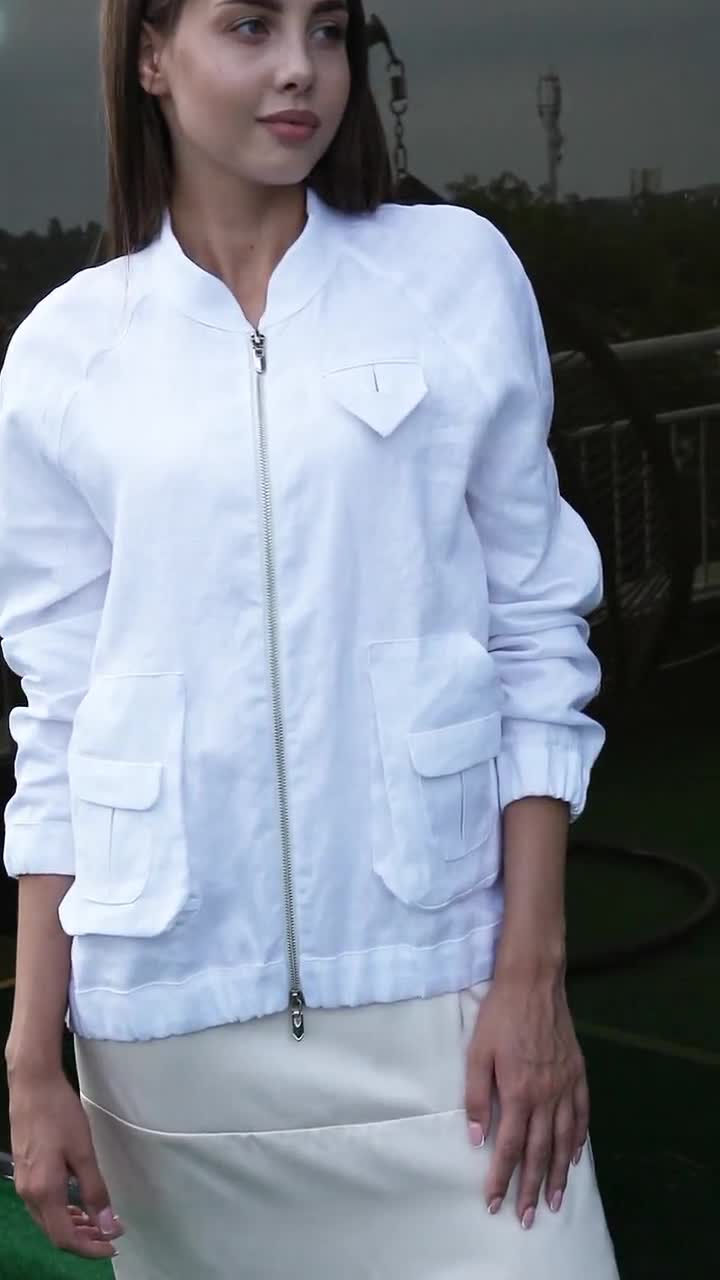 Linen Bomber Women, Summer Zip-up Jacket, Mandarin Collar