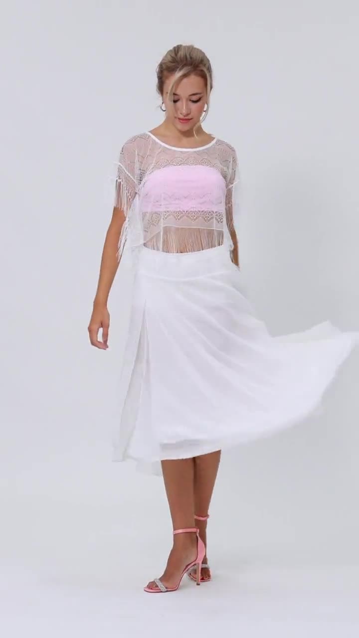 Sheer Lace Beachwear Crop Top, White Lace Fringed Crop Top, Loose